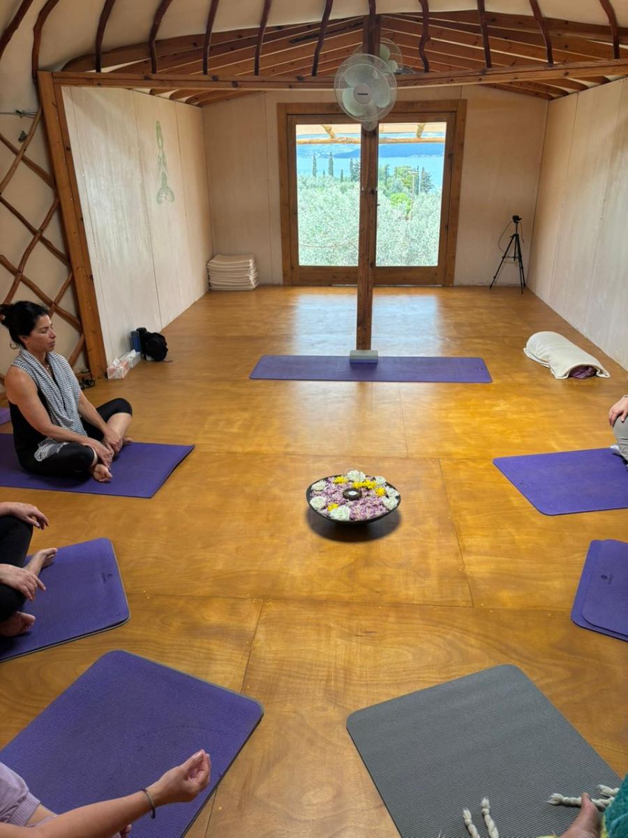 Seated practice inside the yurt
